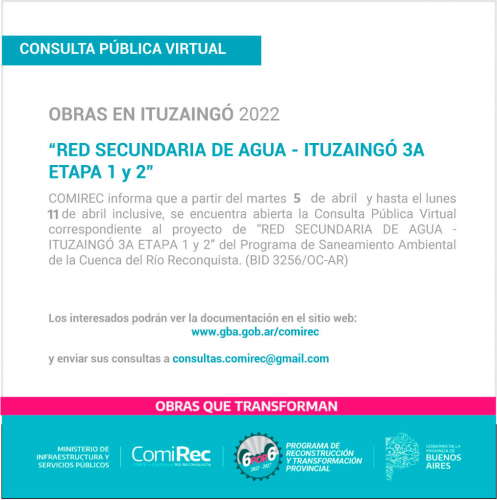 Llamado a Consulta Pública Virtual por obras de suministro de agua en Ituzaingó