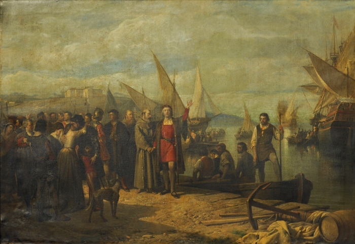 Balaca y Canseco Ricardo. (Portugal.1844-1880). Cristobal Colón en el puerto de Palos. 1873. Óleo s/tela. 140 x 200 cm. Colección Juan Benito Sosa.