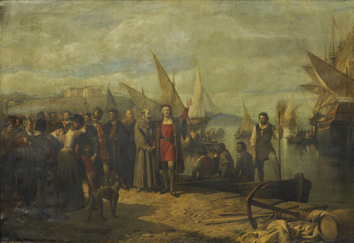Balaca y Canseco Ricardo. (Portugal.1844-1880). Cristobal Colón en el puerto de Palos. 1873. Óleo s/tela. 140 x 200 cm. Colección Juan Benito Sosa.