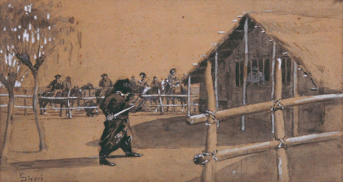 Sívori Eduardo. (1847-1918). Provocando al Pulpero. Circa 1904. Gouache. 29,5 x 46 cm. Colección Gobierno de la Provincia de Buenos Aires.