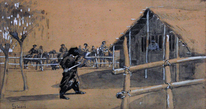 Sívori Eduardo. (1847-1918). Provocando al Pulpero. Circa 1904. Gouache. 29,5 x 46 cm. Colección Gobierno de la Provincia de Buenos Aires.