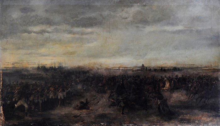 Fernández Villanueva Julio (1858-1890). Combate de San Lorenzo. 1889. Óleo s/tela. 104 x 180,5 cm. Colección Gobierno de la Provincia de Buenos Aires