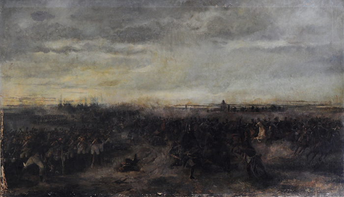 Fernández Villanueva Julio (1858-1890). Combate de San Lorenzo. 1889. Óleo s/tela. 104 x 180,5 cm. Colección Gobierno de la Provincia de Buenos Aires