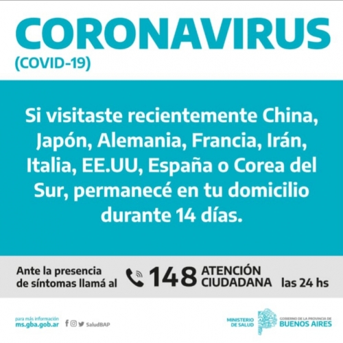 Las personas que viajaron a países con circulación viral de Coronavirus deben consultar ante síntomas respiratorios
